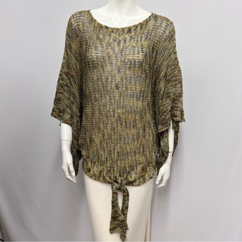 Georgina Estefania Sweater Top‎ Brown Gold Aqua Open Crochet Sheer Front Tie XL